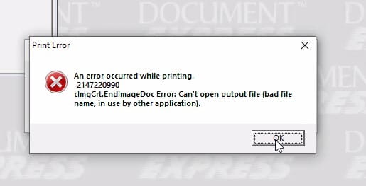 MHC An Error occurred while printing